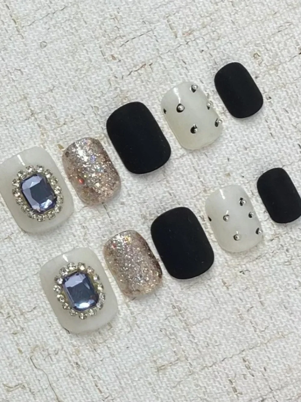 Shimmer Black & White Press-On Nails with Silver Gems