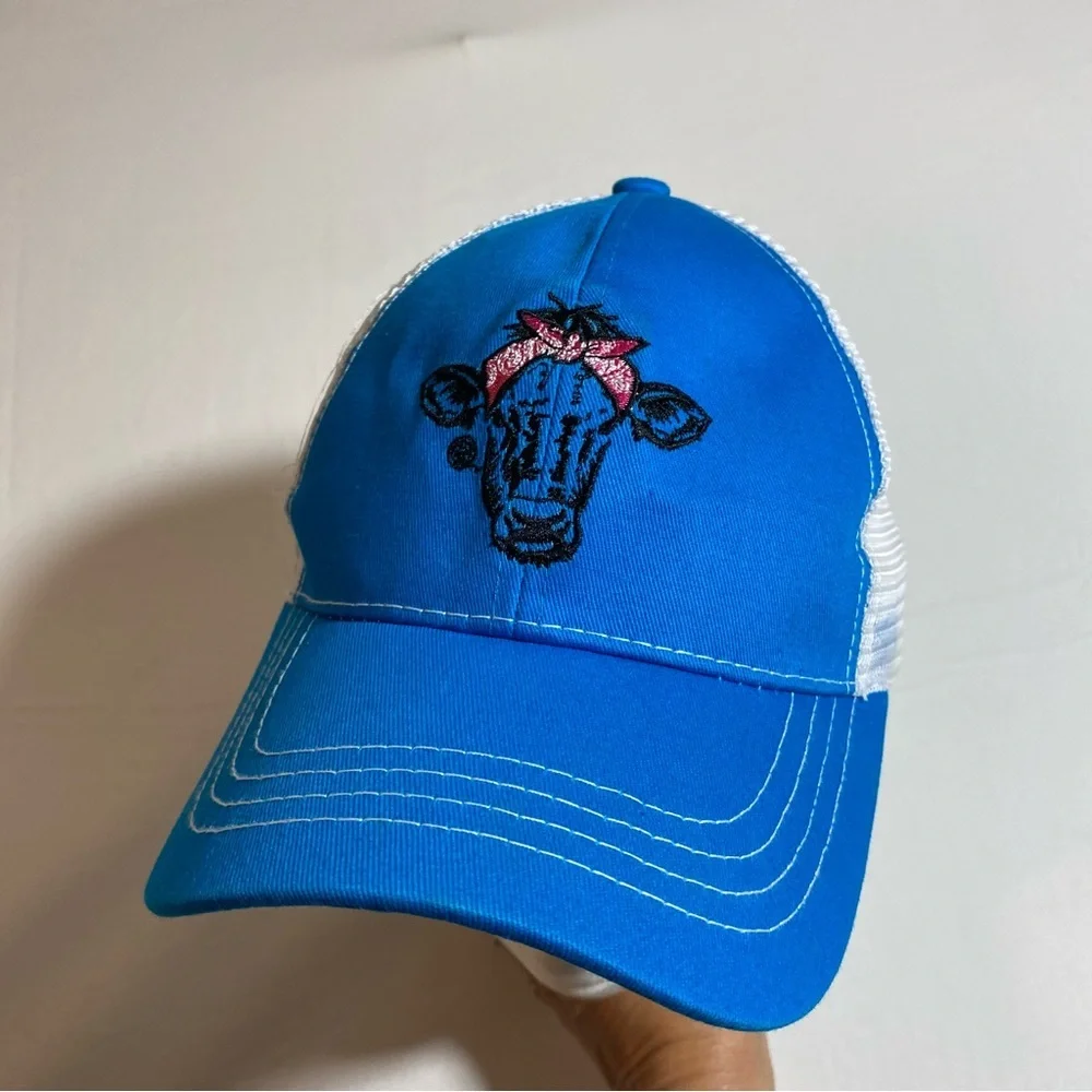 Girlie Girl Pony Tail Hat Betsy Cow Hat Baseball Cap Mesh White Blue Cap