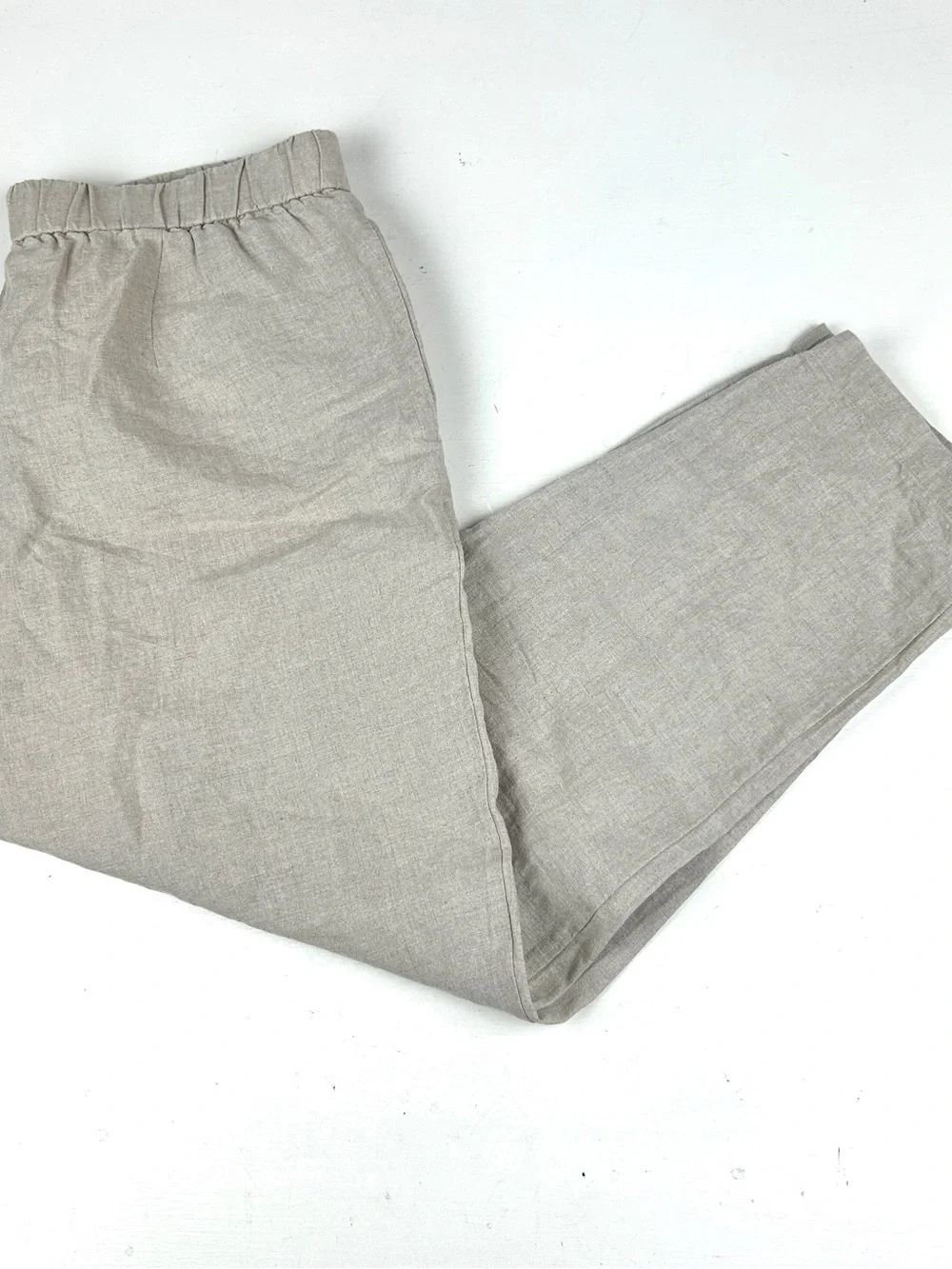 Eileen Fisher Womens Sz PL 100% Organic Linen Beige Pants Elastic Waist Tapered