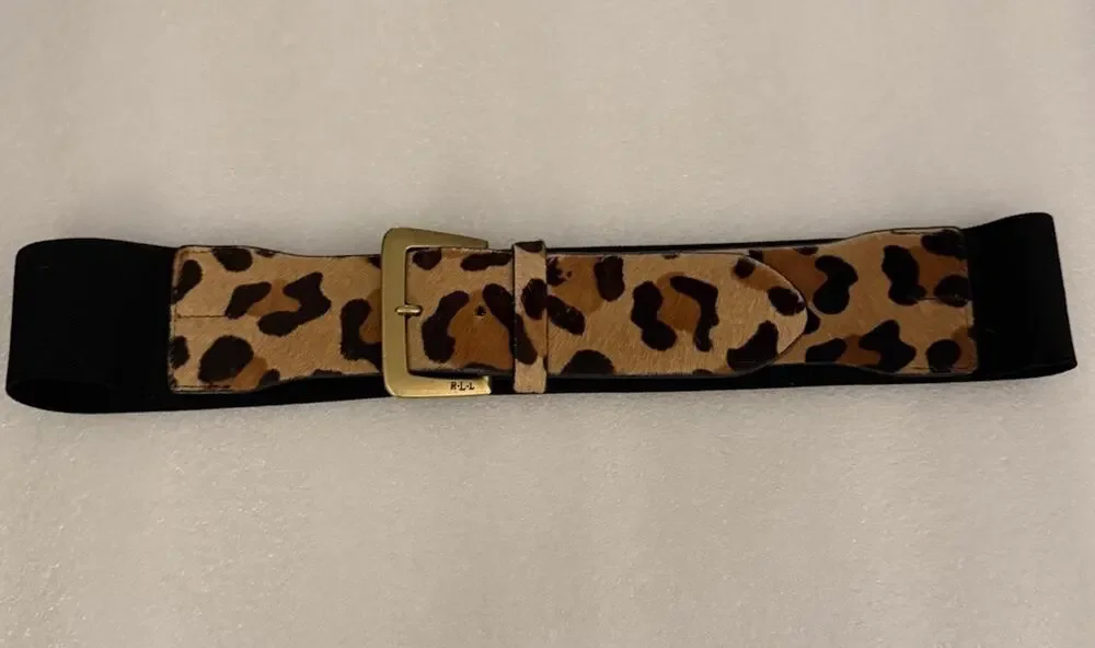VTG Ralph Lauren Leopard Print Calf hair Leather Elastic Stretch Black Belt M