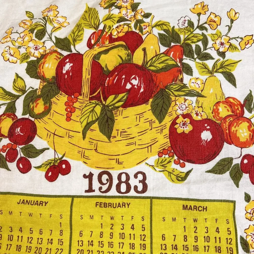 1983 Calendar Tea Towel VIntage Kitchen Red Yellow Fruits Linen Tea Towel