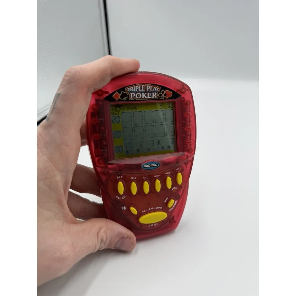 Radica Triple Play Poker Handheld Electronic Game Translucent Red Vintage 2000