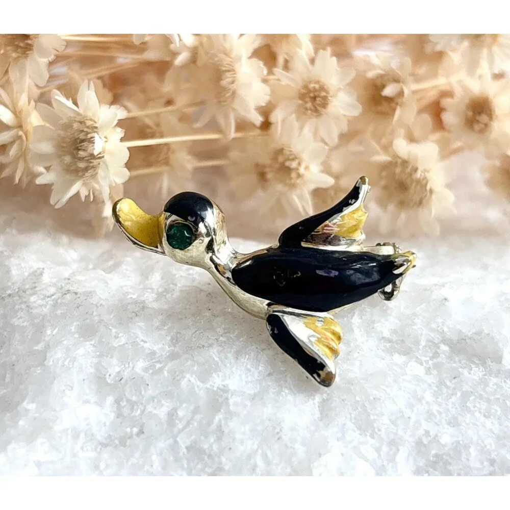 Duck in Flight Figural Enameled Gold Toned Vintage Costume Jewelry Brooch
