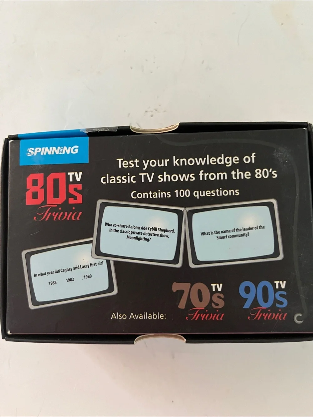 80s TV Trivia Game - Retro Box with Red and Light Blue Graphics