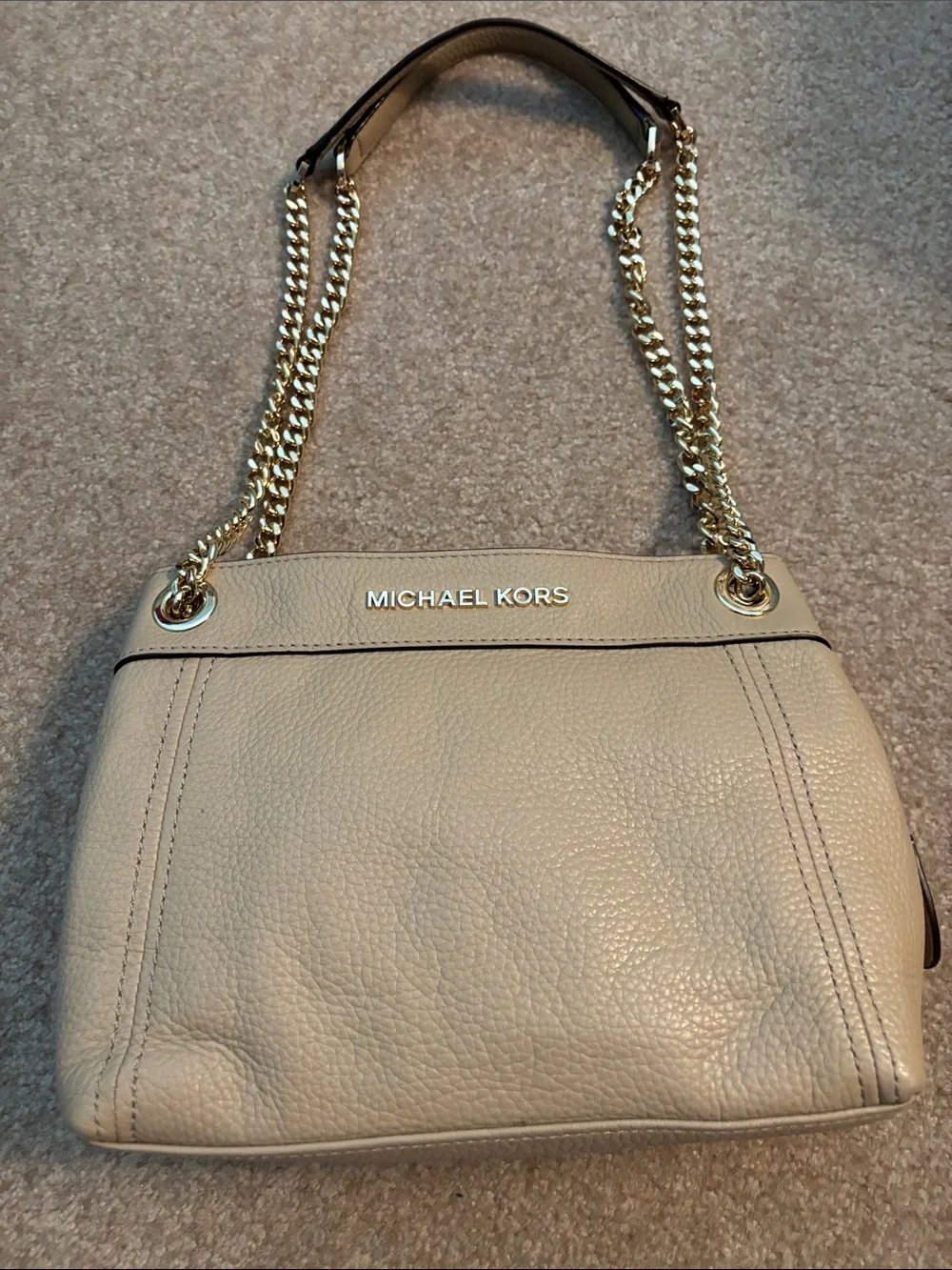 Michael Kors Taupe Pebbled Leather Shoulder Bag with Gold Chain