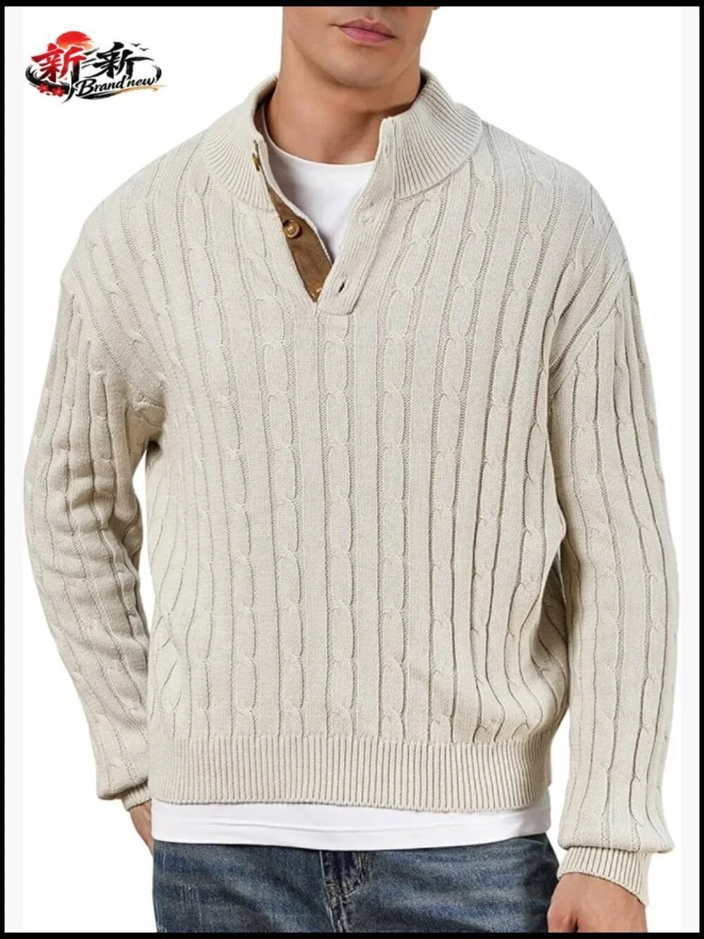 Cable Knit 1/4 Button Up Mock Neck Long Sleeve Pullover Sweater Men