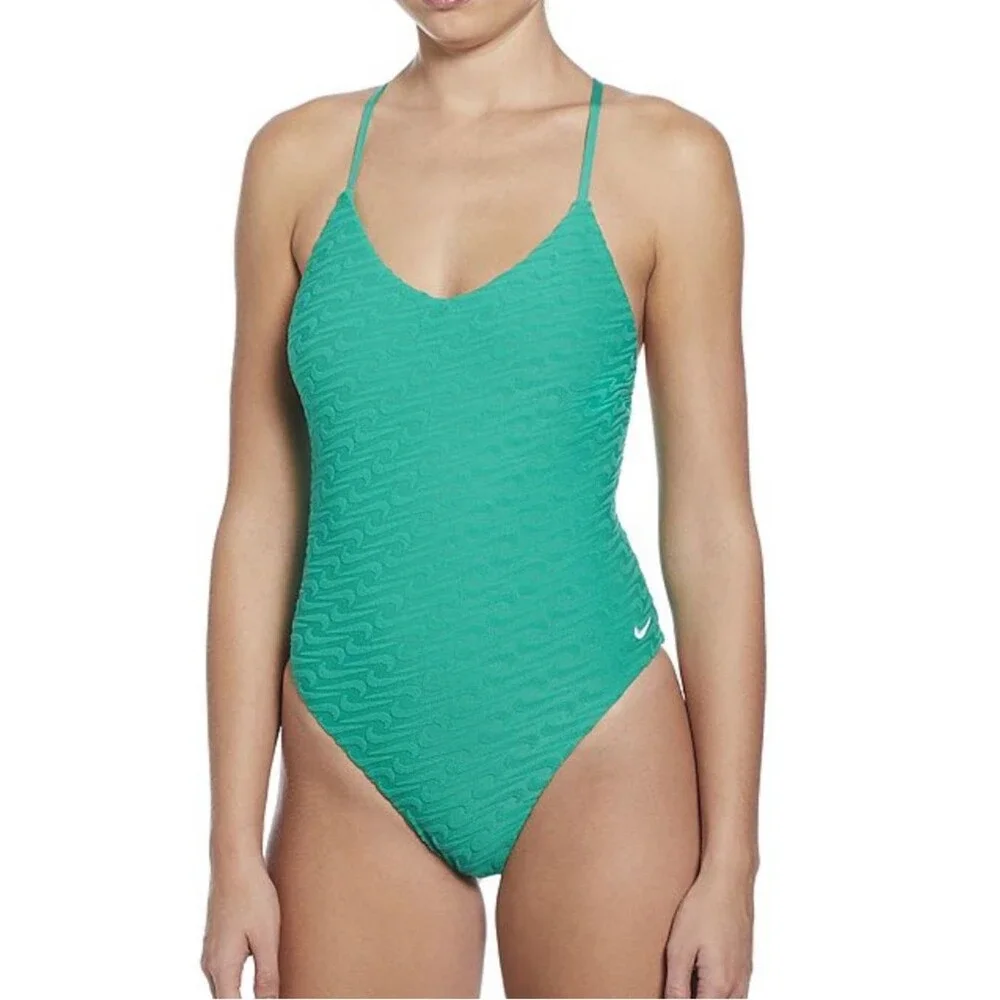 NIKE Swoosh Textured One Piece Swimsuit V Neck Y Back NEW Green Terry Large
