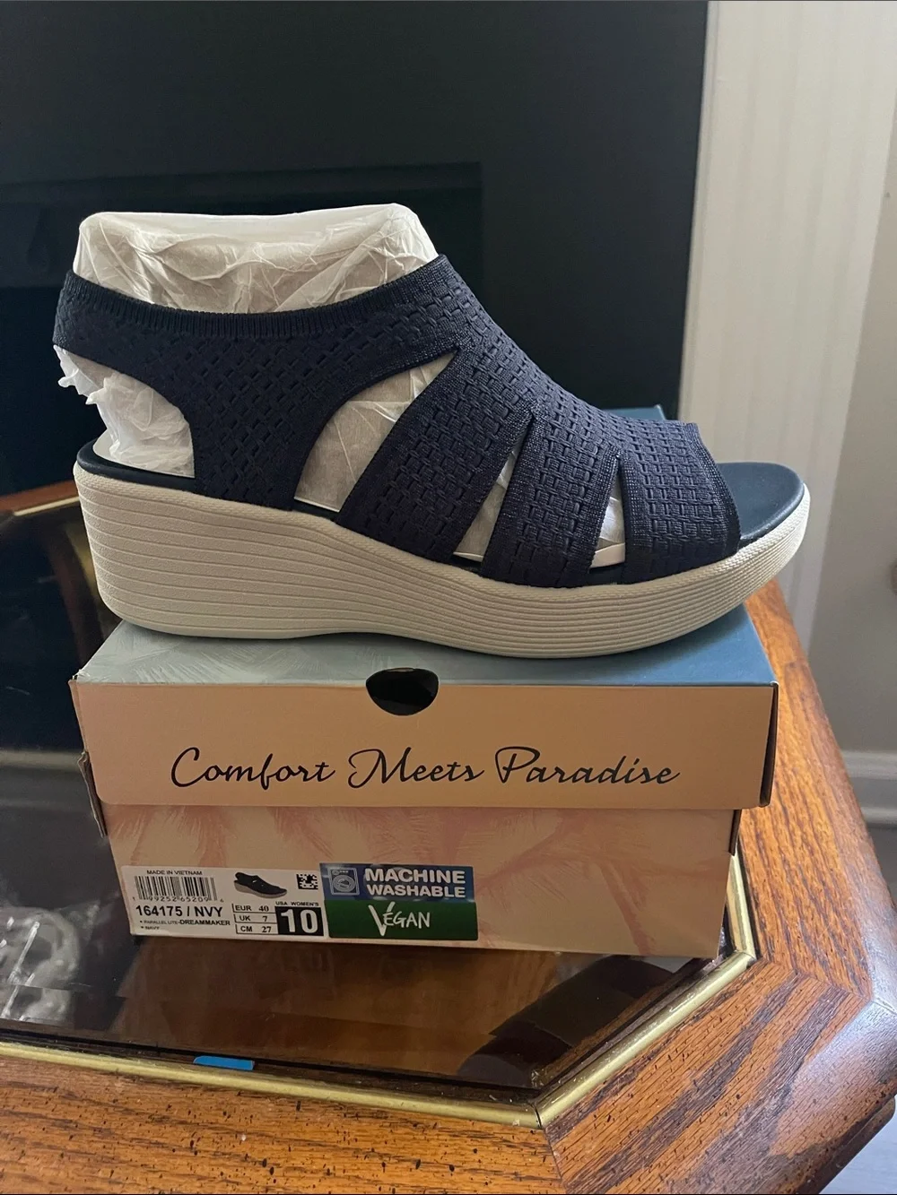 Vionic Navy Knit Wedge Sandal with Cream Platform