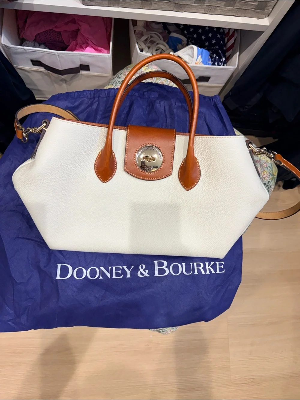 Dooney & Bourke White Leather Satchel with Brown Trim and Gold Hardware