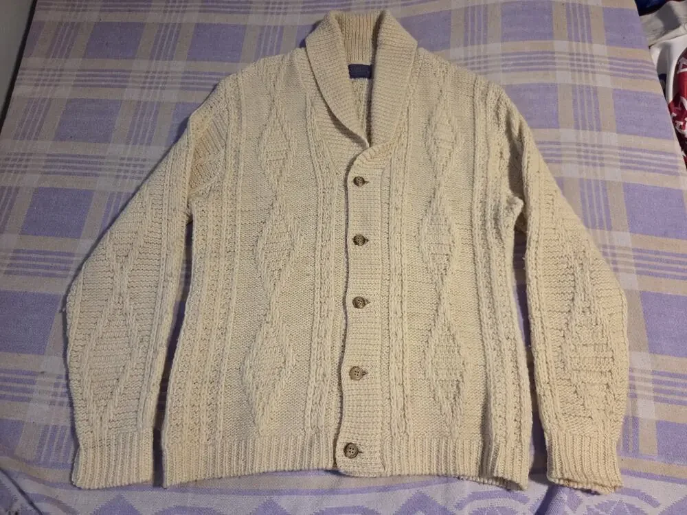 Vintage Pendleton Mens Cream Wool Cable Knit Shawl Collar Cardigan Sweater L USA