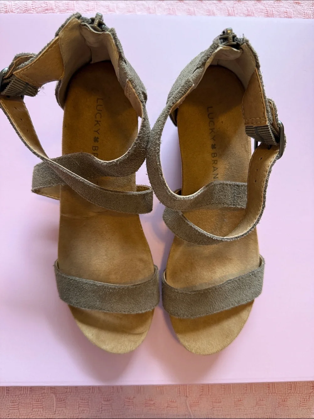 Lucky Brand Taupe Suede Wedge Sandals with Ankle Strap