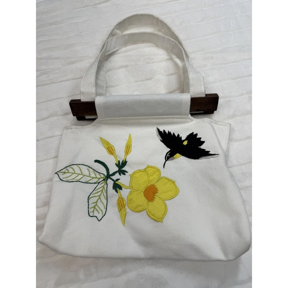 Embroidered Canvas Tote‎ Bag Womens White Yellow Flower Bird Wood Handle Purse