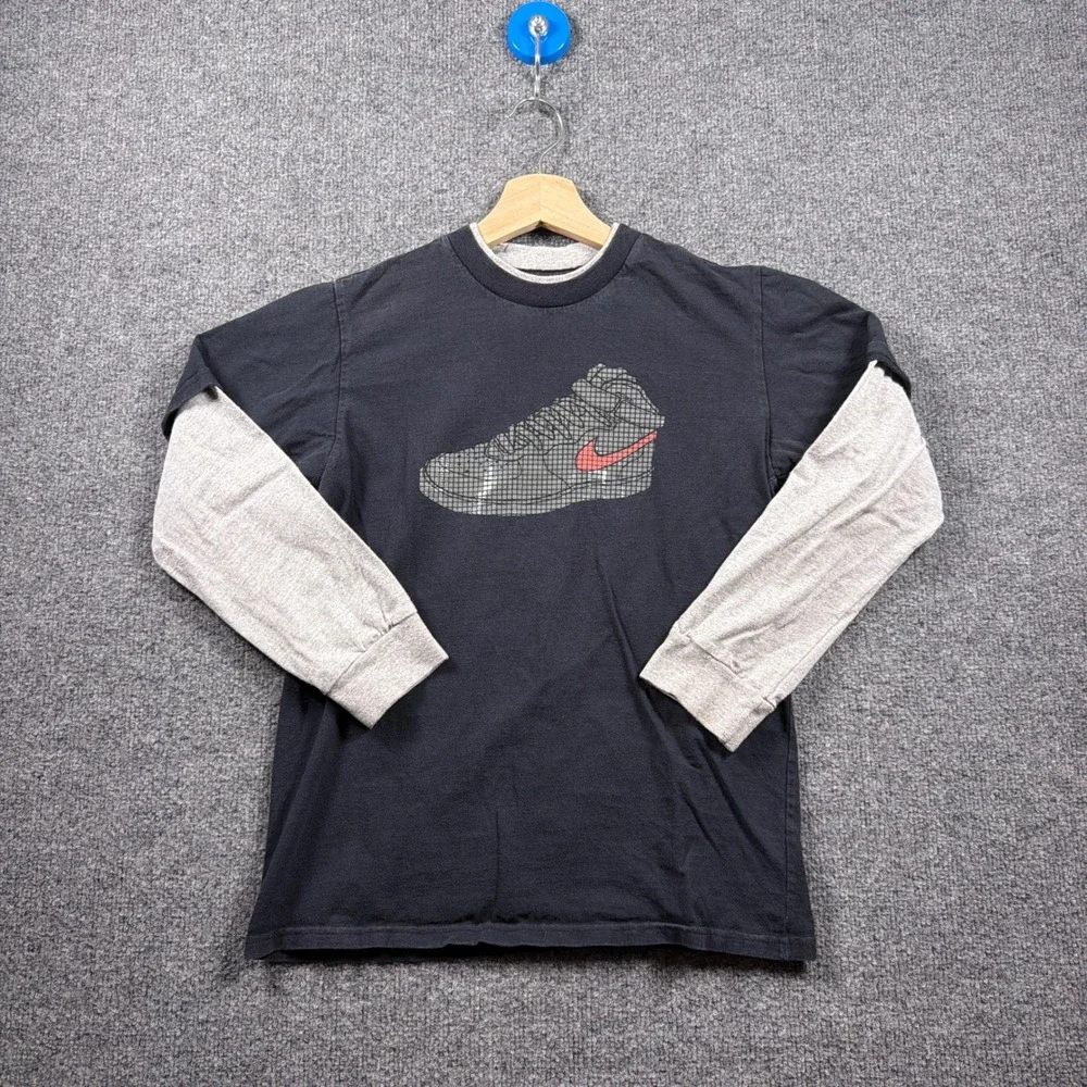Y2K Nike Air Force One Shirt Boys M Black Grey Layered Long Sleeve Graphic Tee