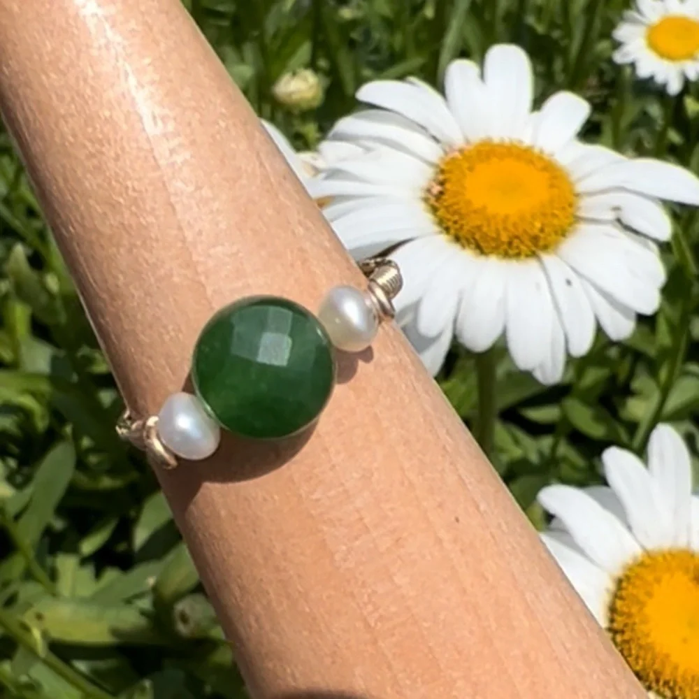 Freshwater Pearls with Green Quartz Gold Ring