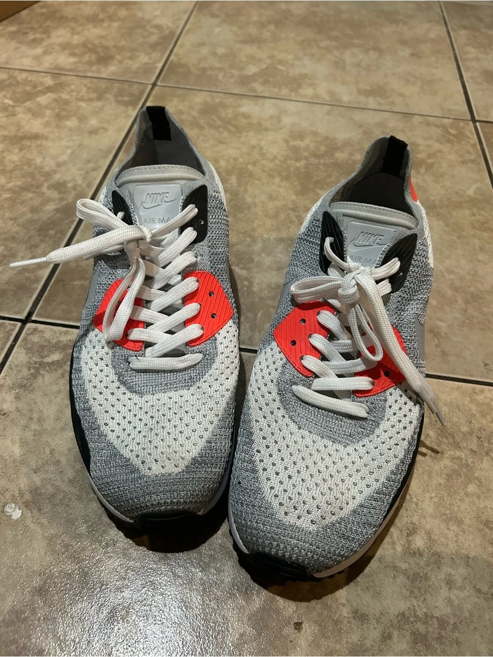 Nike Men’s Flyknit Sneakers in Grey, White & Red-Orange