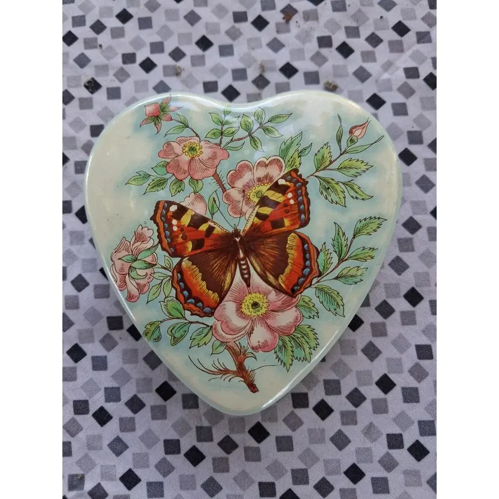 Vintage Heart-Shaped Butterfly Tin – Floral Design – Gold Interior
