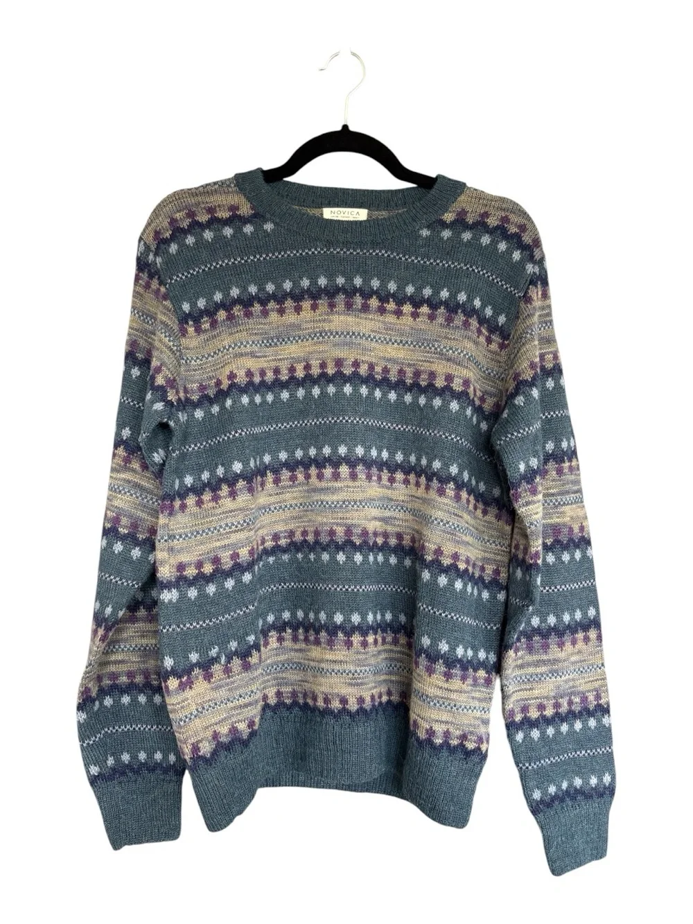 NOVICA 100% Alpaca Fair Isle Sweater Medium Blue Purple Made in Peru Soft