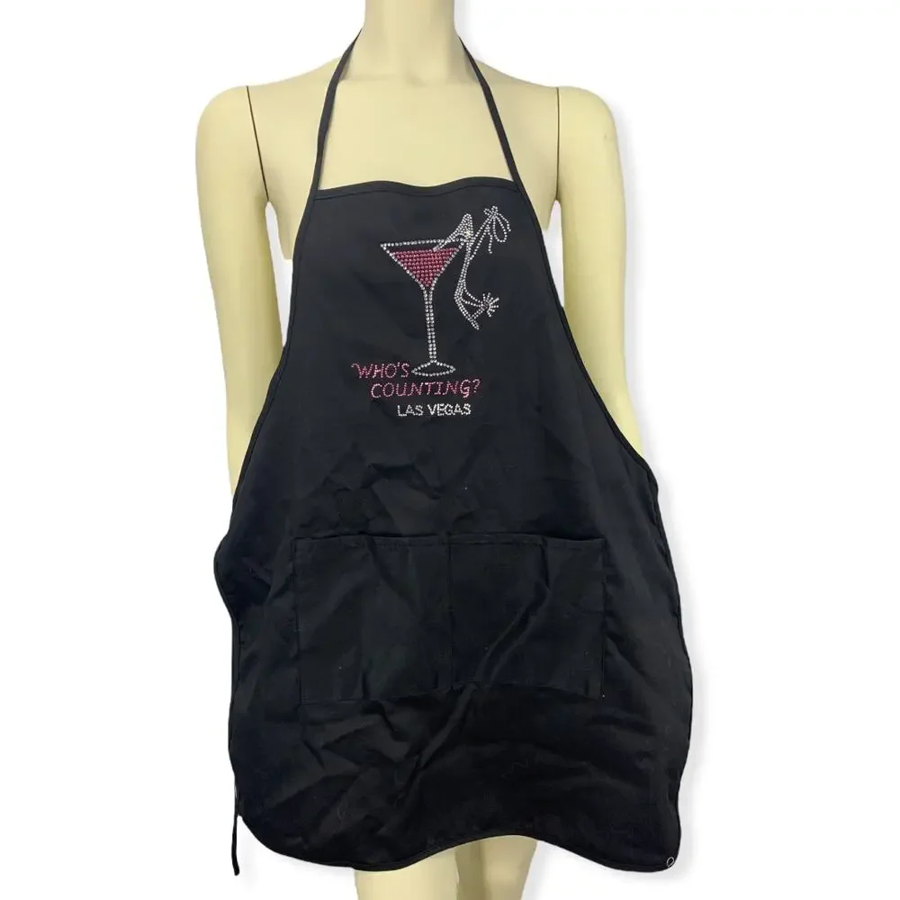 Who's Counting Las Vegas Martini & Heel rhinestone Apron 2 pockets tie back