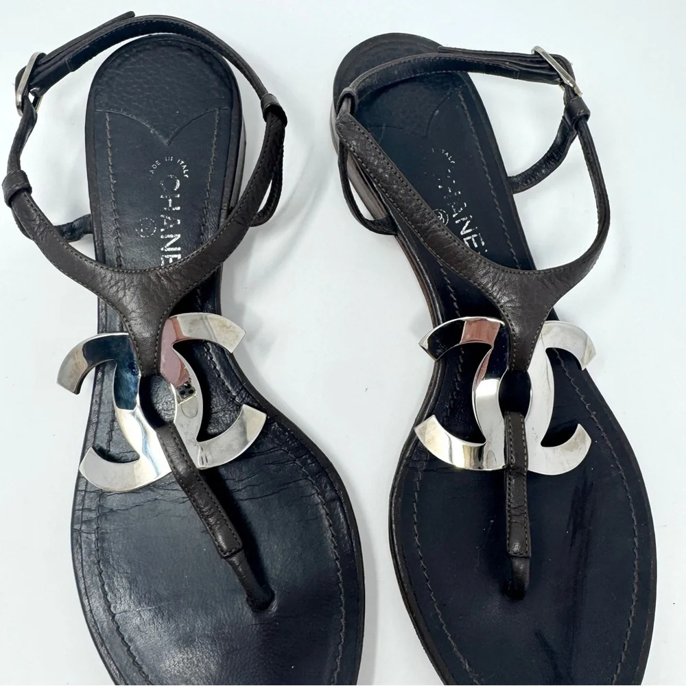 Chanel Dark Brown Leather Silver CC Logo T-Strap Thong Sandals