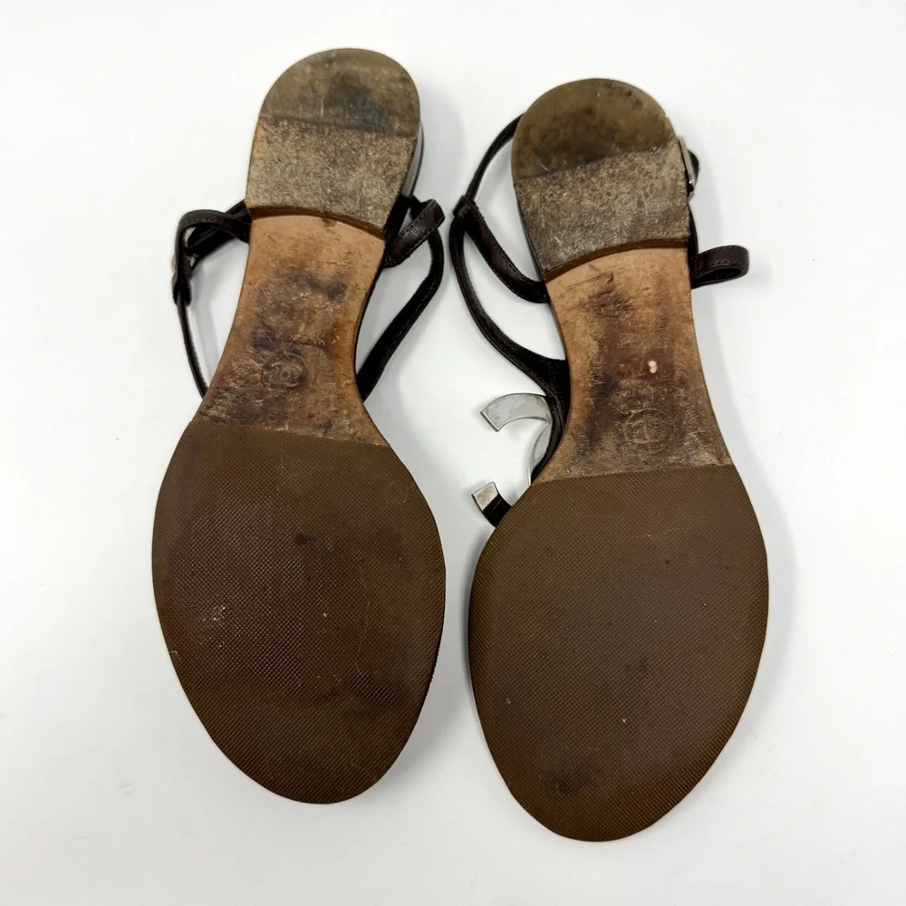 Chanel Dark Brown Leather Silver CC Logo T-Strap Thong Sandals