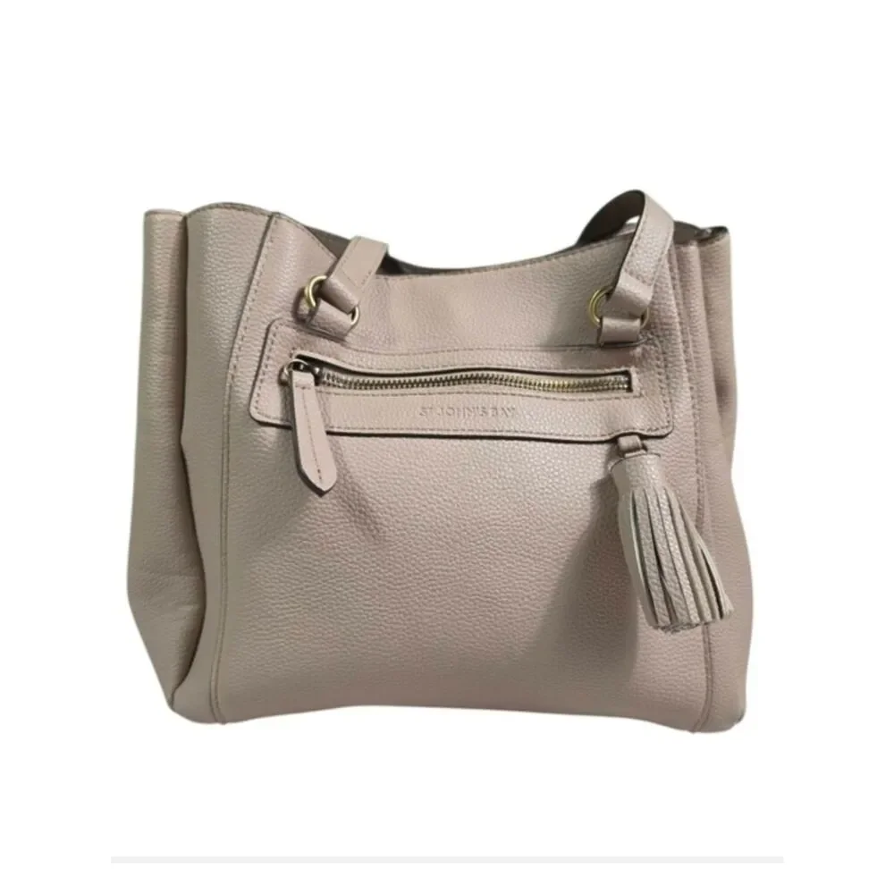 St. John Bay Pebbled Leather Tote in Light Beige with Tassel
