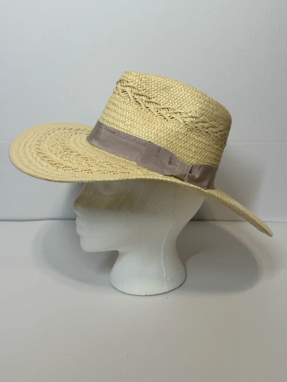 BTB Los Angeles Carrie Wide Brim Woven Straw Sun Hat Taupe Ribbon Size S