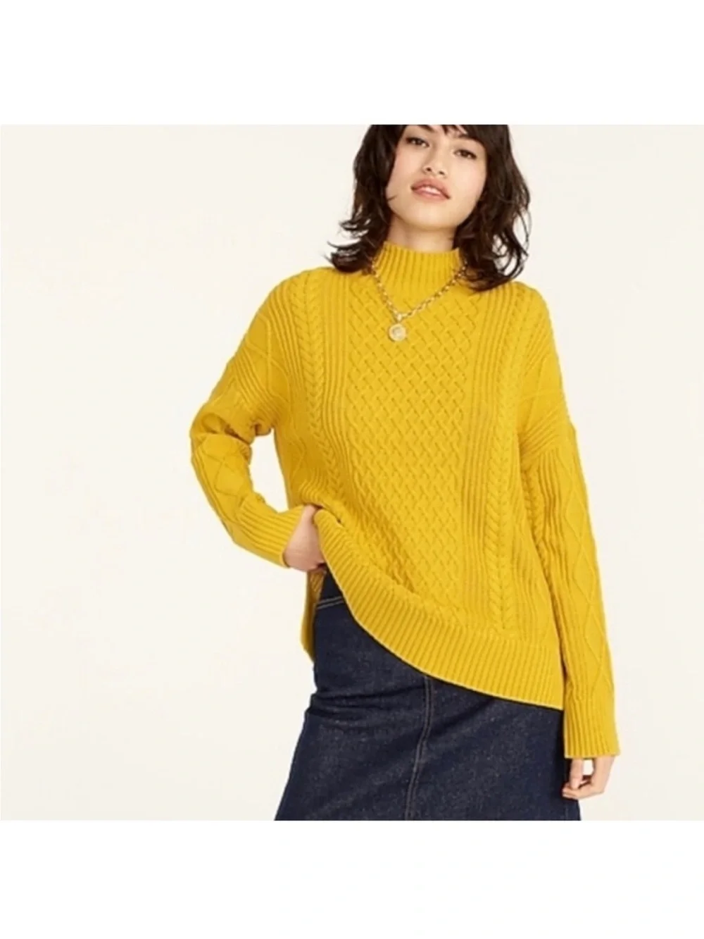J.Crew Long Cotton Cable Knit Mock Neck Sweater