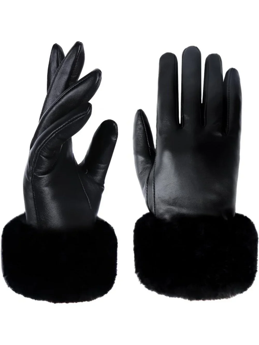 Warm Winter Leather Gloves for Women | Touchscreen, Rabbit Fur Cuff, Black