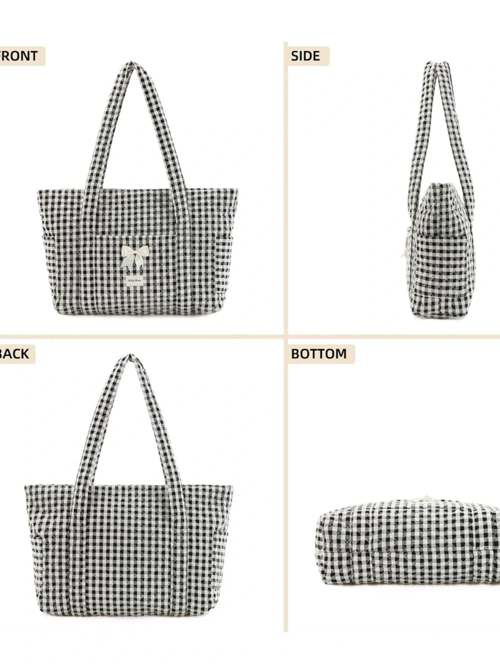 MOLLY MOON NWT gingham Quilted Tote Bag -black/white