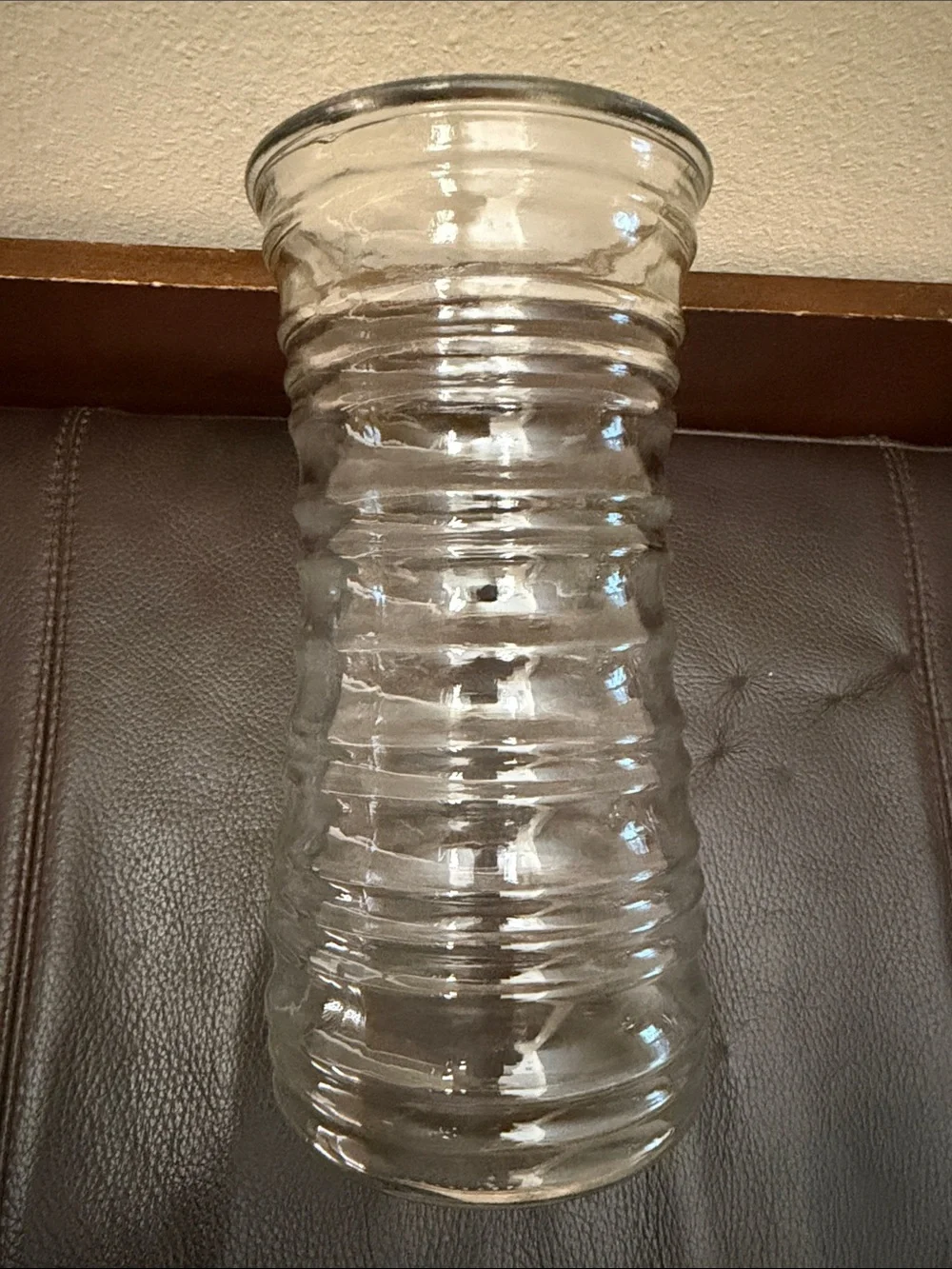 Clear Glass Vase Features Horizontal Ribbed Design