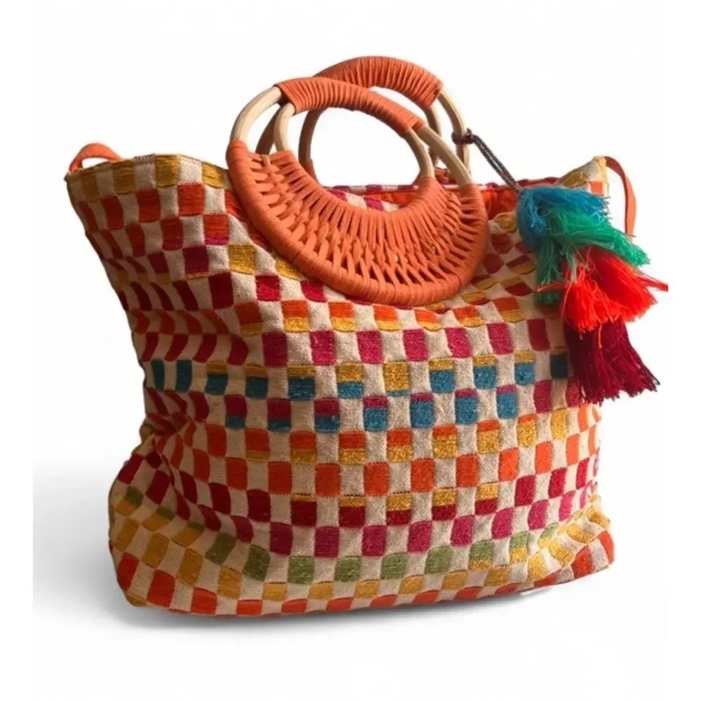 America & Beyond Sunshine Tote Bag Woven Checker Multicolor Tassel Boho Beach