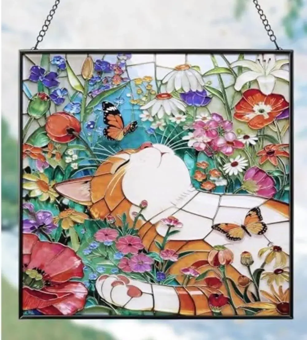 Orange Cat Stained Glass Flowers Suncatcher, Window Tabby Hanging 7 1/4”