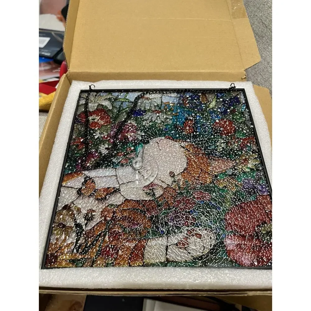 Orange Cat Stained Glass Flowers Suncatcher, Window Tabby Hanging 7 1/4”