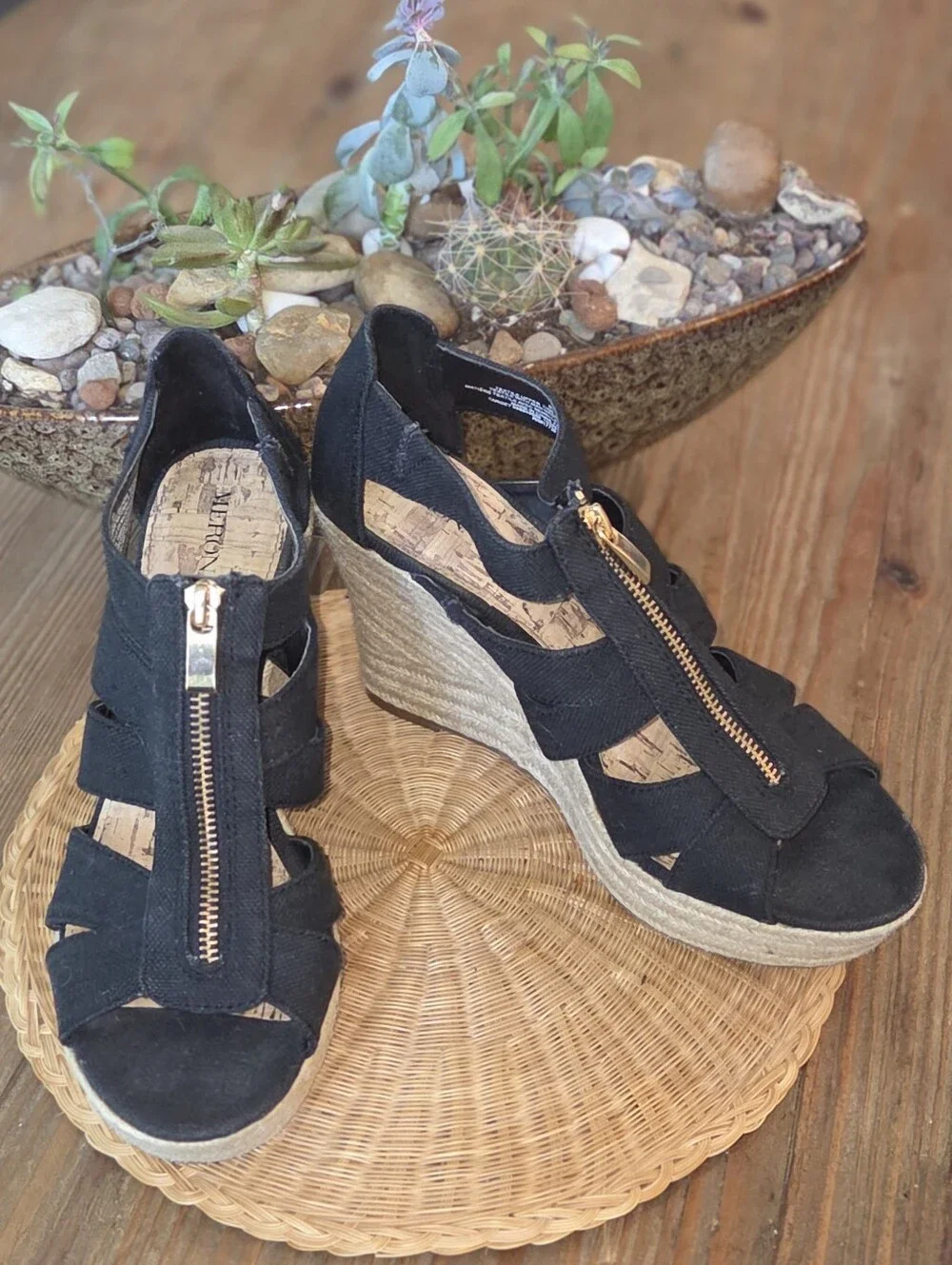 Black Canvas Wedge Sandals with Front Zip - Women
