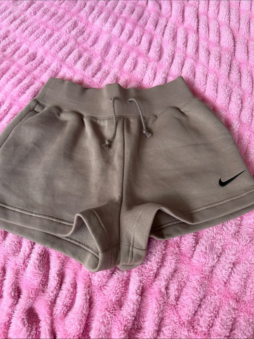 Nike Women's Taupe Drawstring Athletic Shorts with Black Swoosh
