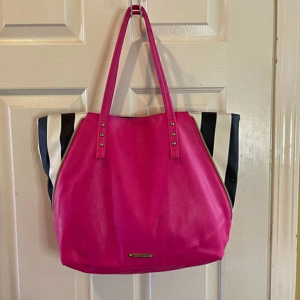 Juicy Couture hot pink & black &white tripes tote.