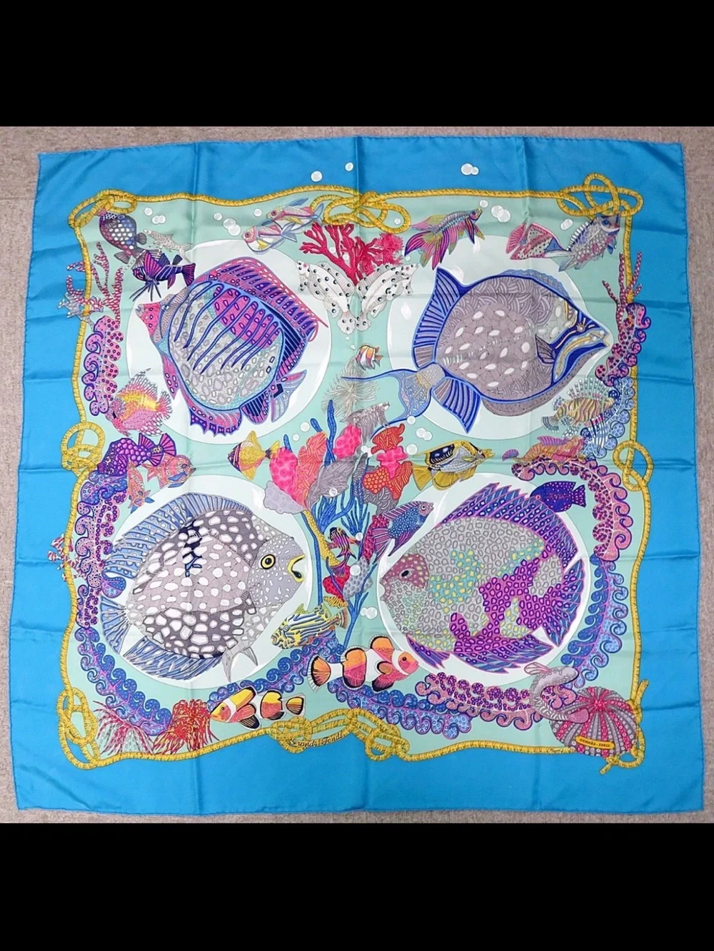 Hermes Turquoise Blue Marine Life Silk Scarf with Multicolor Fish