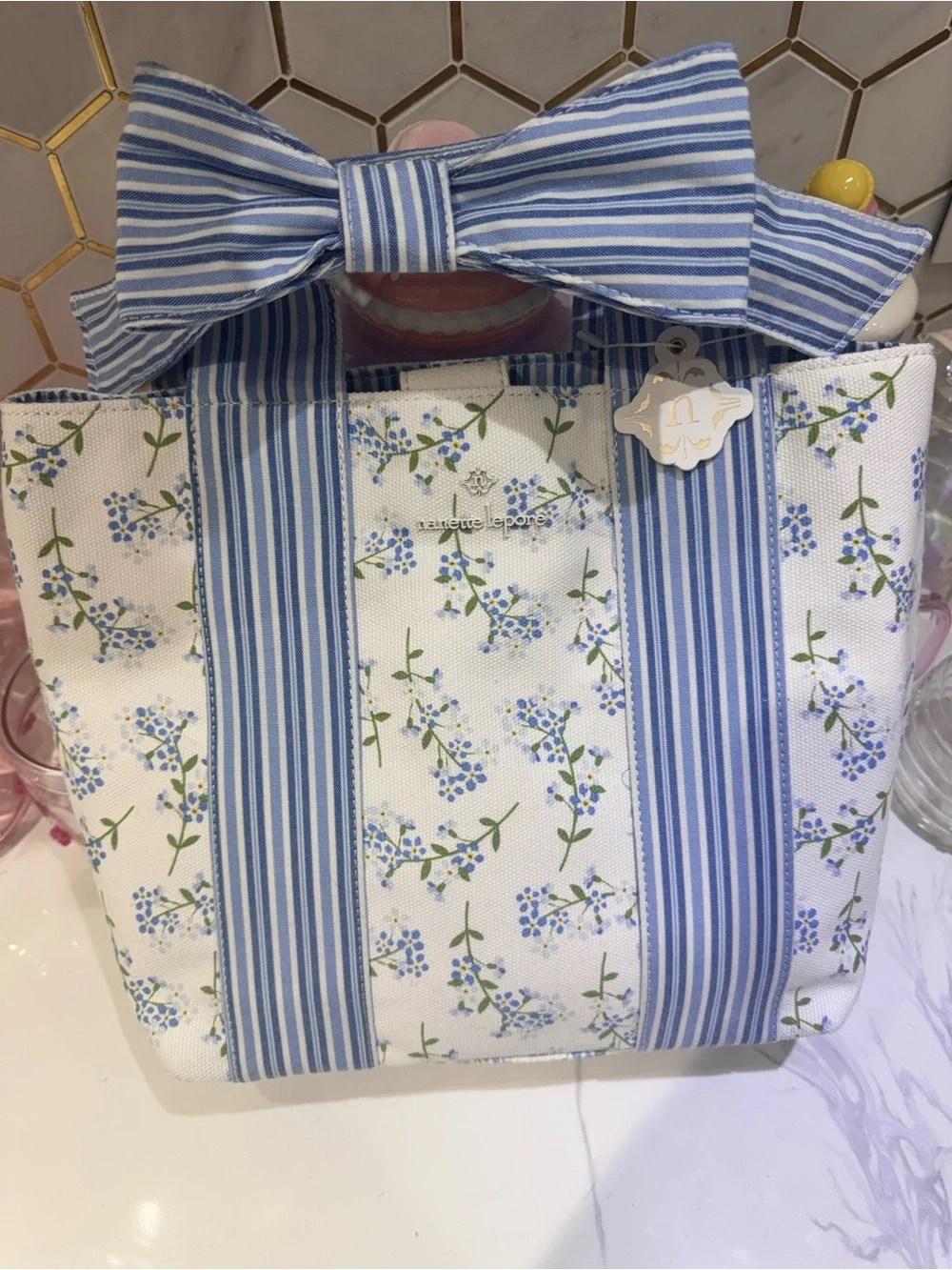 Nanette Lepore Blue and White Floral Stripe Bow Tote
