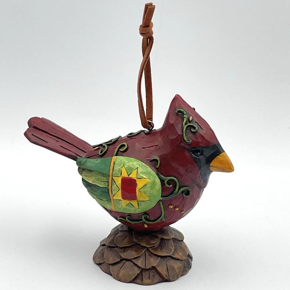 Hand Painted Resin Cardinal Bird Figurine Ornament Folk Art Pinecone Base 3.5