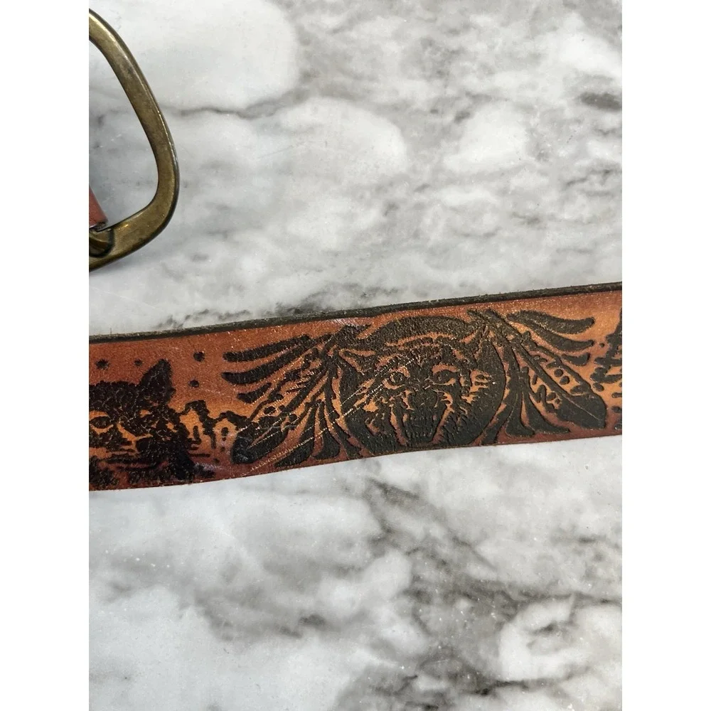 Tooled Vtg Leather Belt Wolf Feathers Moon Trees Brown Western Cowboy Rodeo