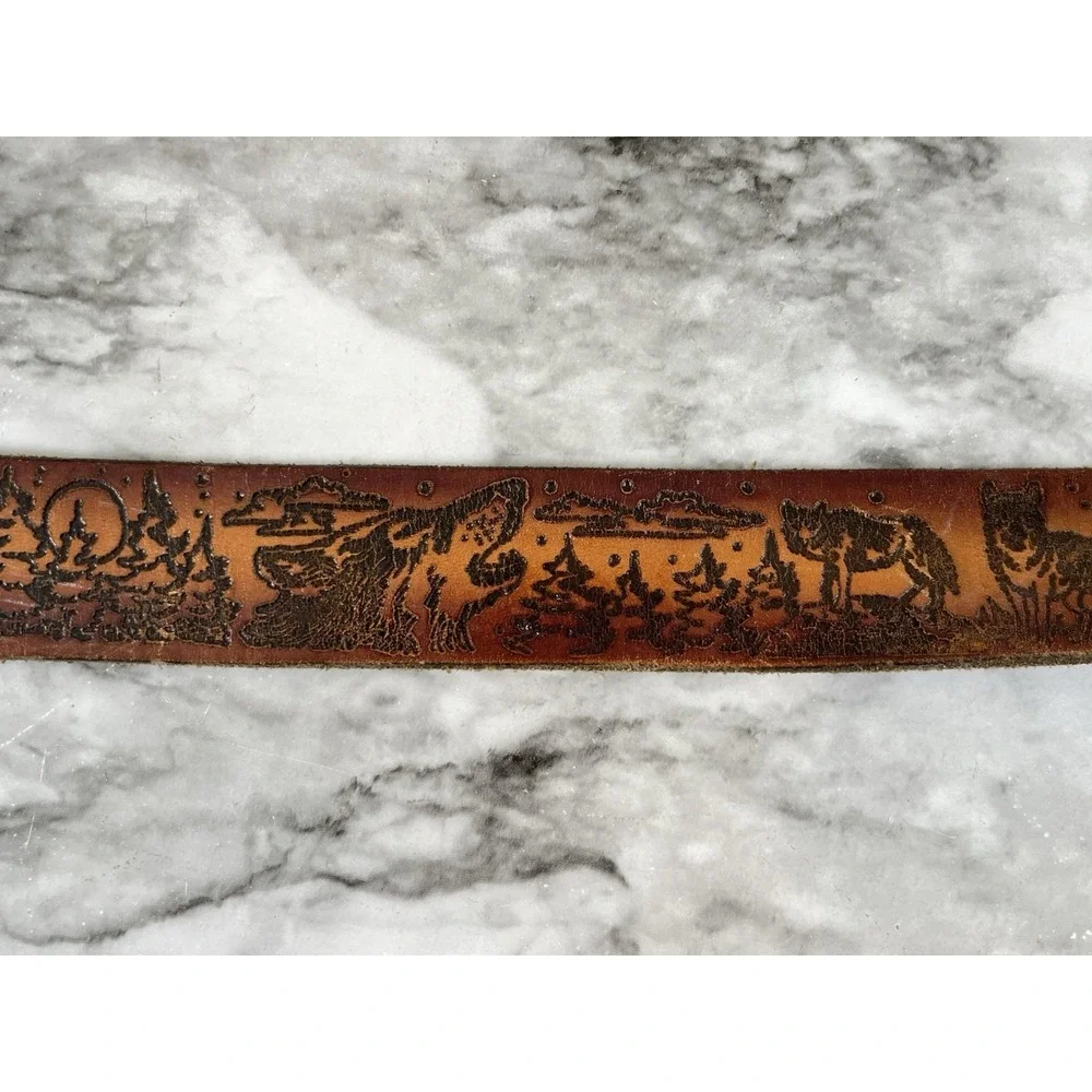 Tooled Vtg Leather Belt Wolf Feathers Moon Trees Brown Western Cowboy Rodeo