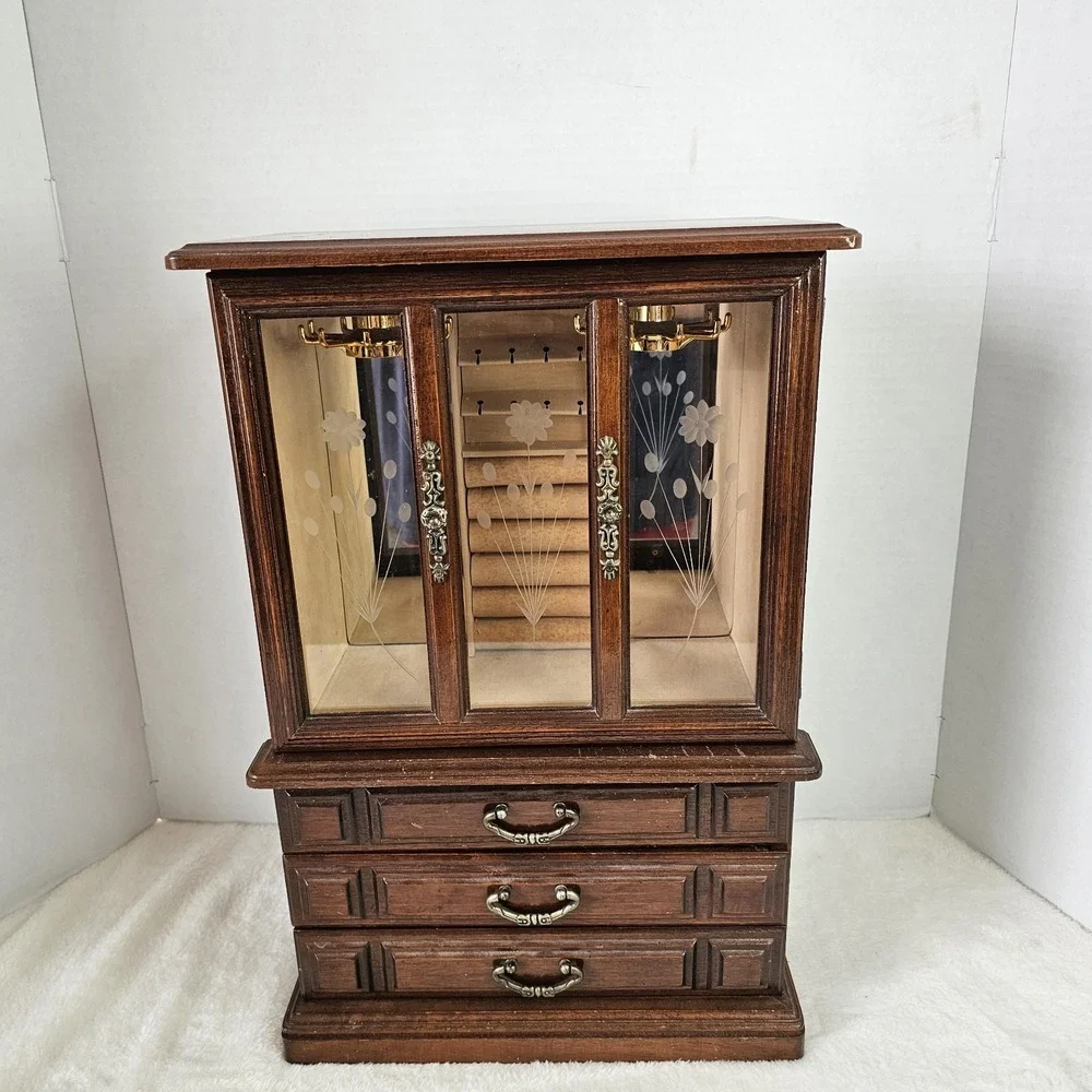 Vintage Wooden Curio Cabinet Jewelry Box With Glass Door 18x12x6.5