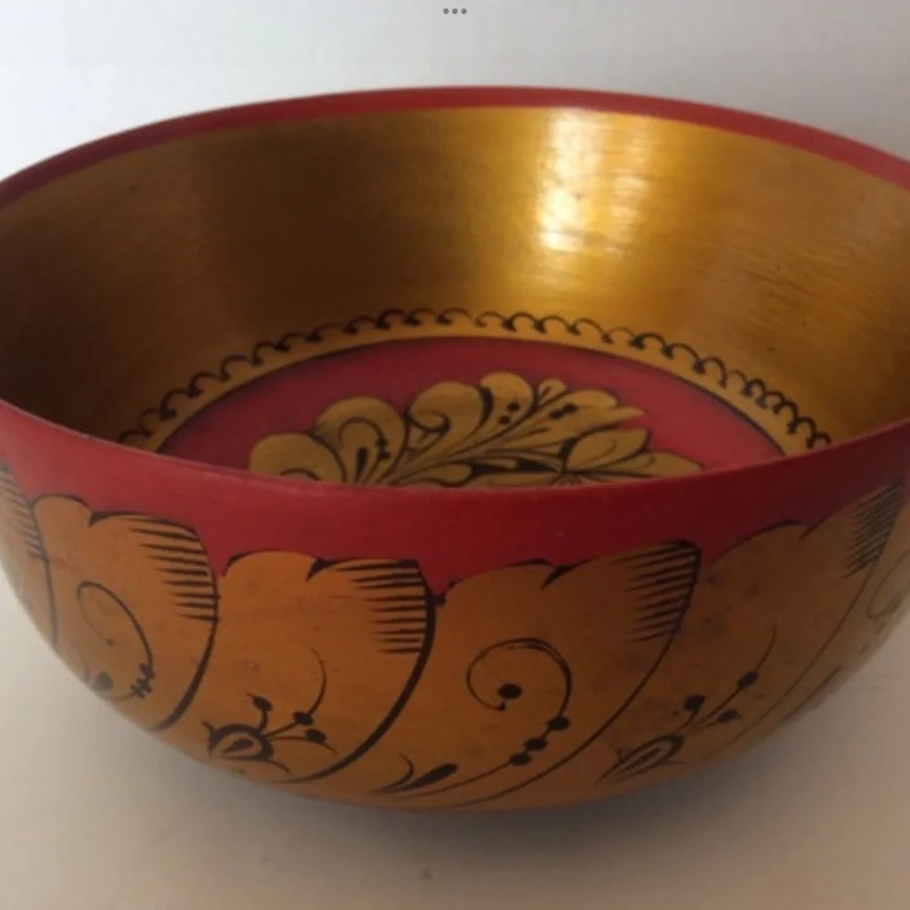 Vintage Red Gold Wood Bowl Khokhloma Painted Decorative Made in USSR Hand Paint