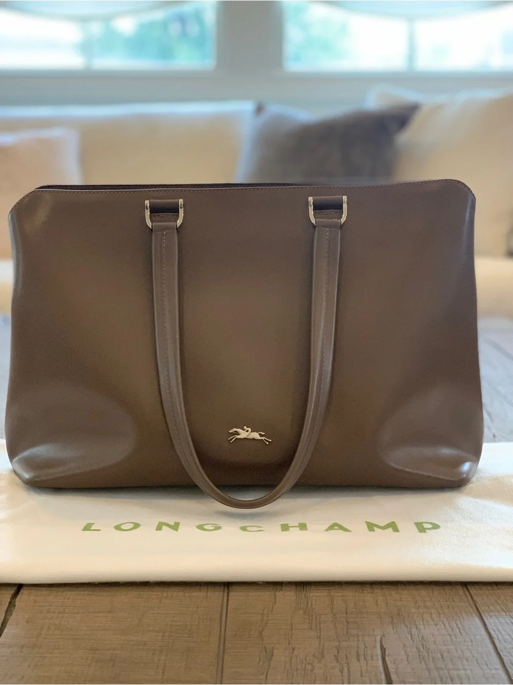 Longchamp Paris Leather Zip Tote Medium Taupe (015) Bag w/ Dust Bag EUC