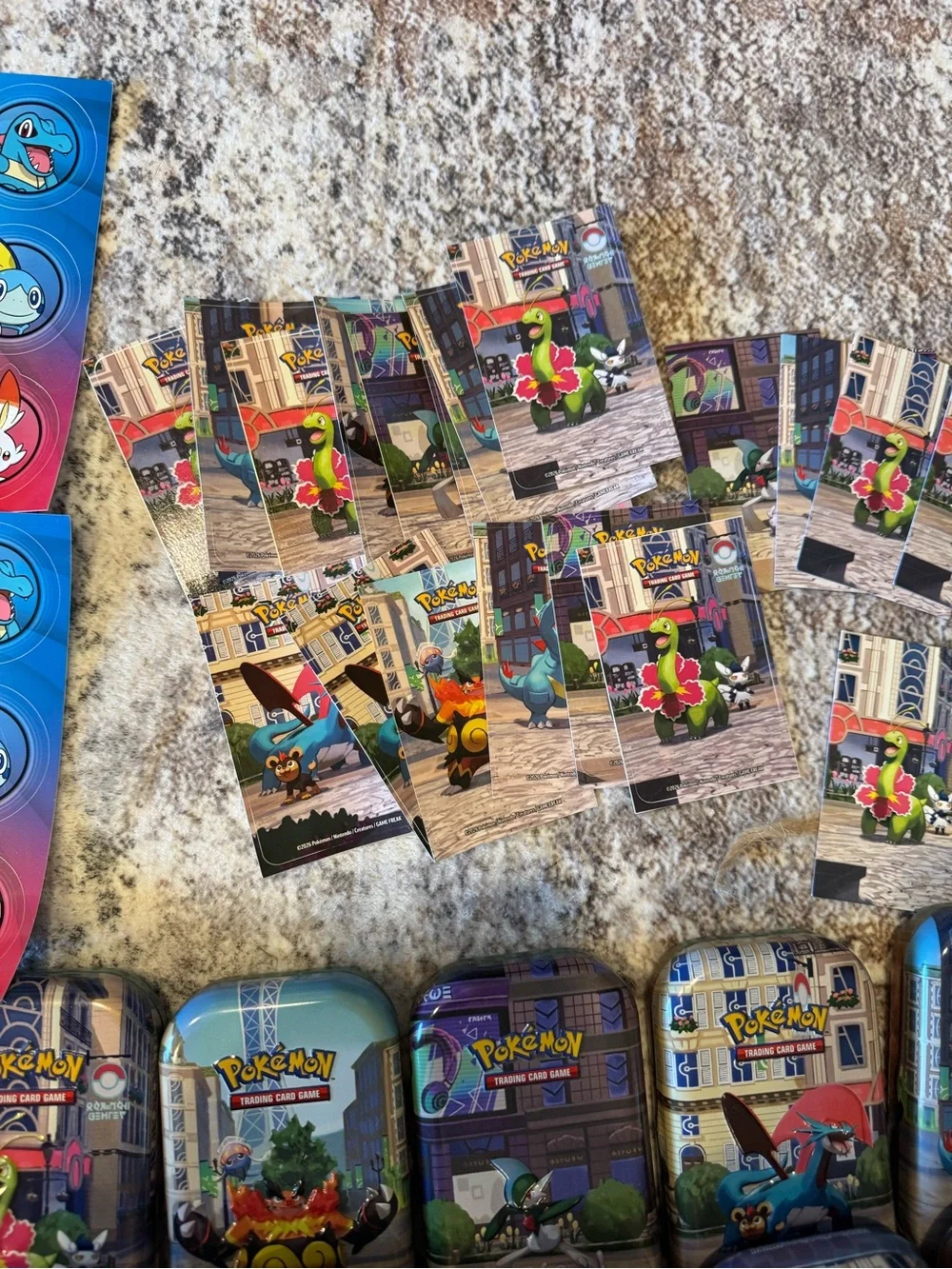 Pokemon Trading Card Tins and Cards - Blue, Green, Red, Yellow, Orange