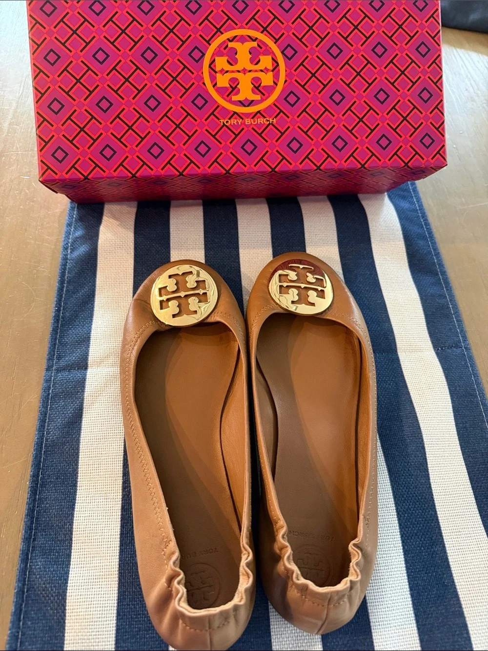 Tory Burch Royal Tan/Gold Leather Ballet Flats with Gold Logo Medallions