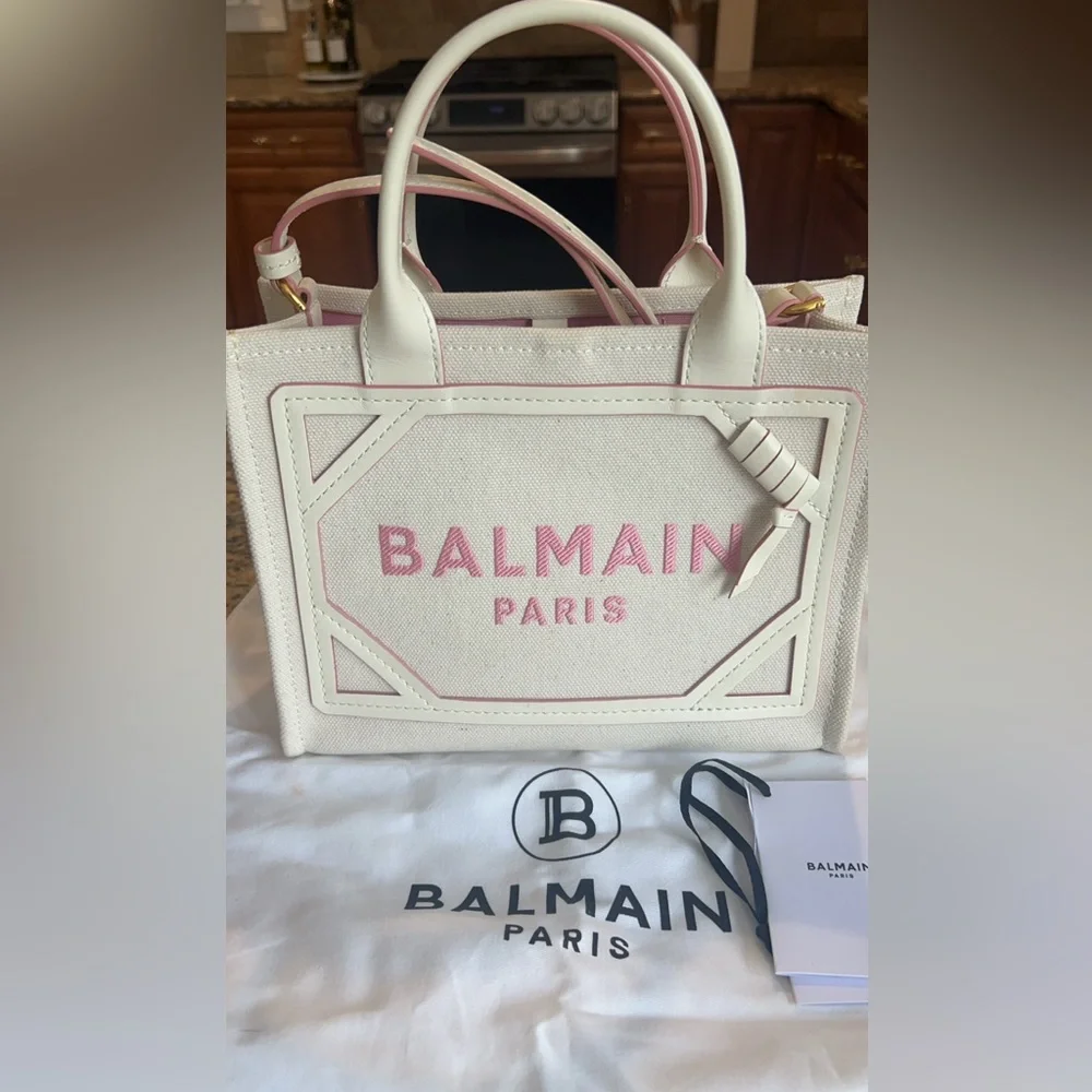 Authentic Balmain Paris Small B-Army Tote White Canvas Pink leather trim logo.