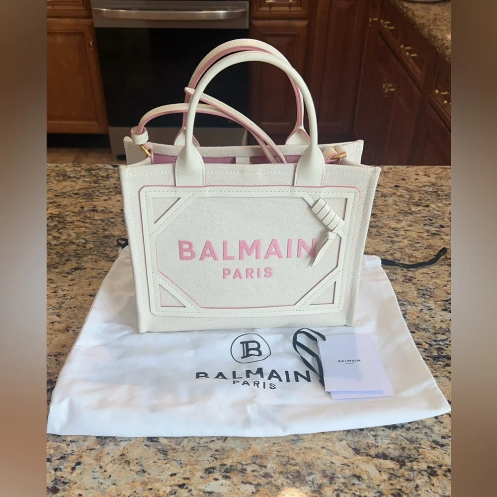 Authentic Balmain Paris Small B-Army Tote White Canvas Pink leather trim logo.