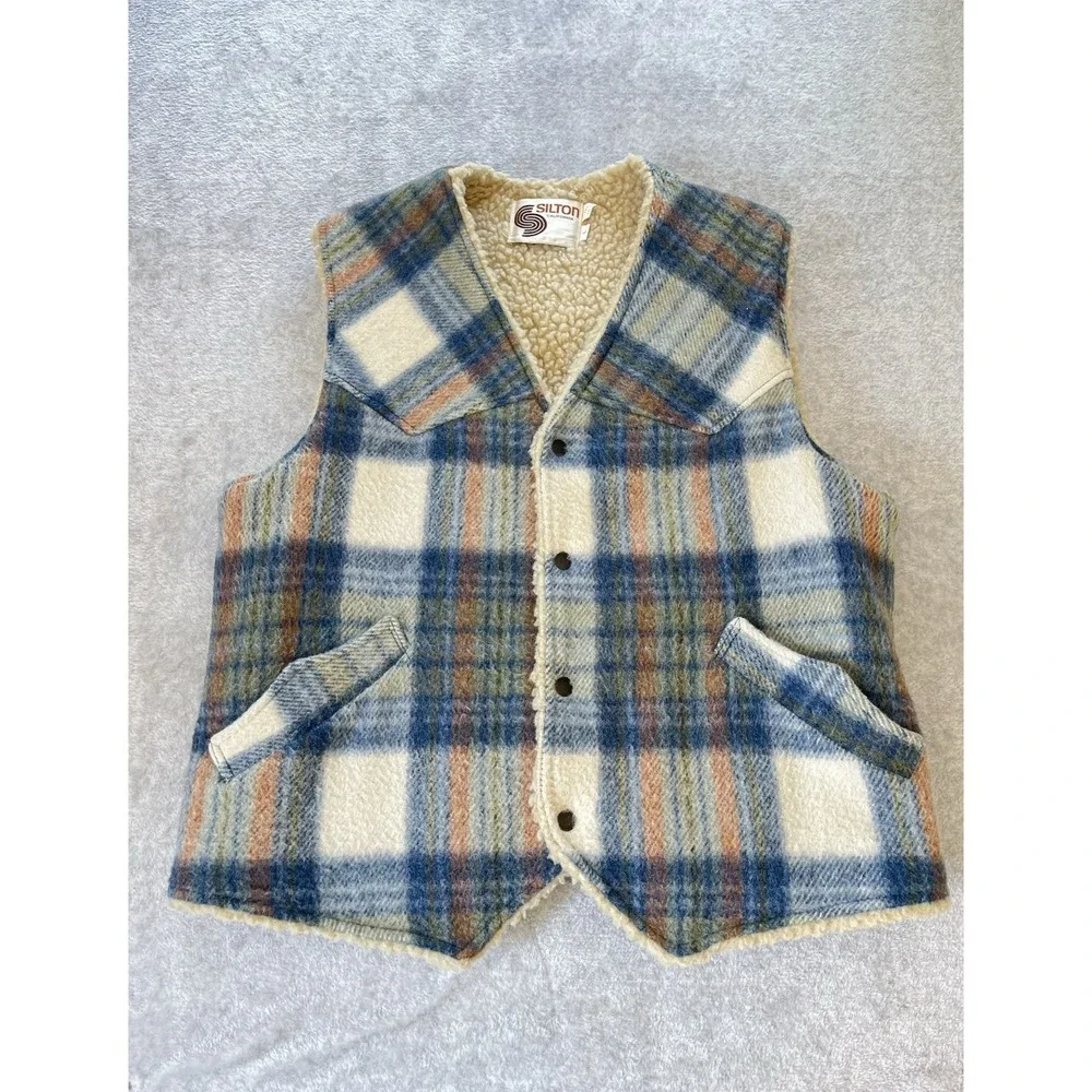 Silton California Wool Sherpa Vest Vintage 70's Pockets Sz Lg Western Cowboy