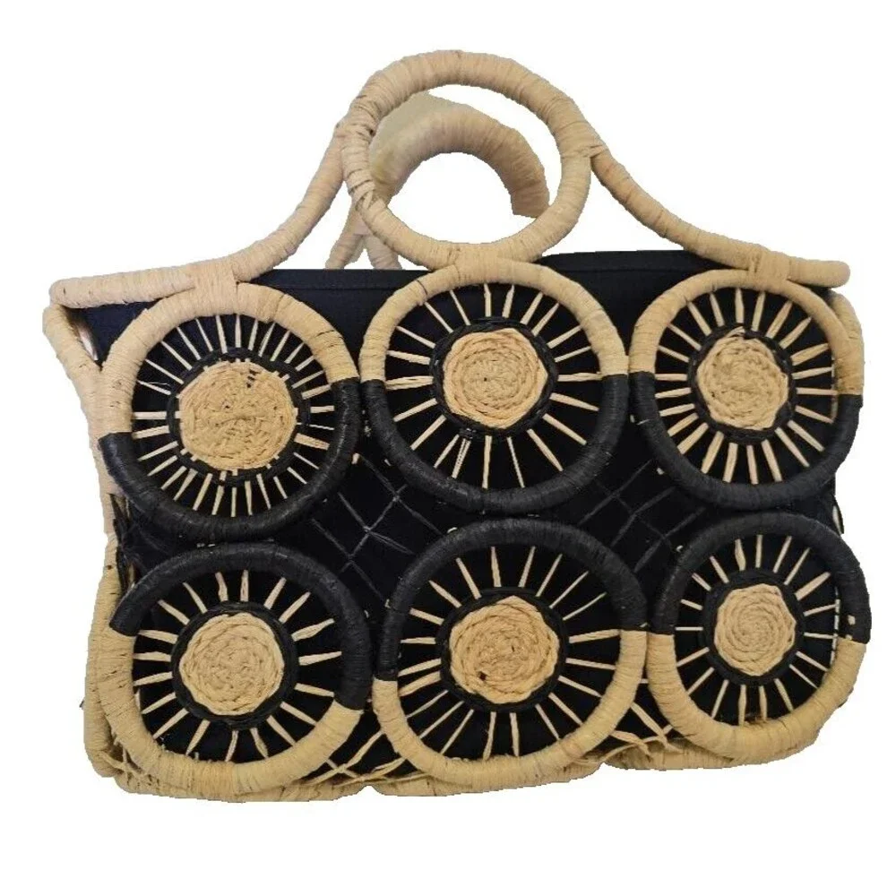 Tommy Bahama Women's Black Tan Medallion Straw Ring Handle Basket Tote B…